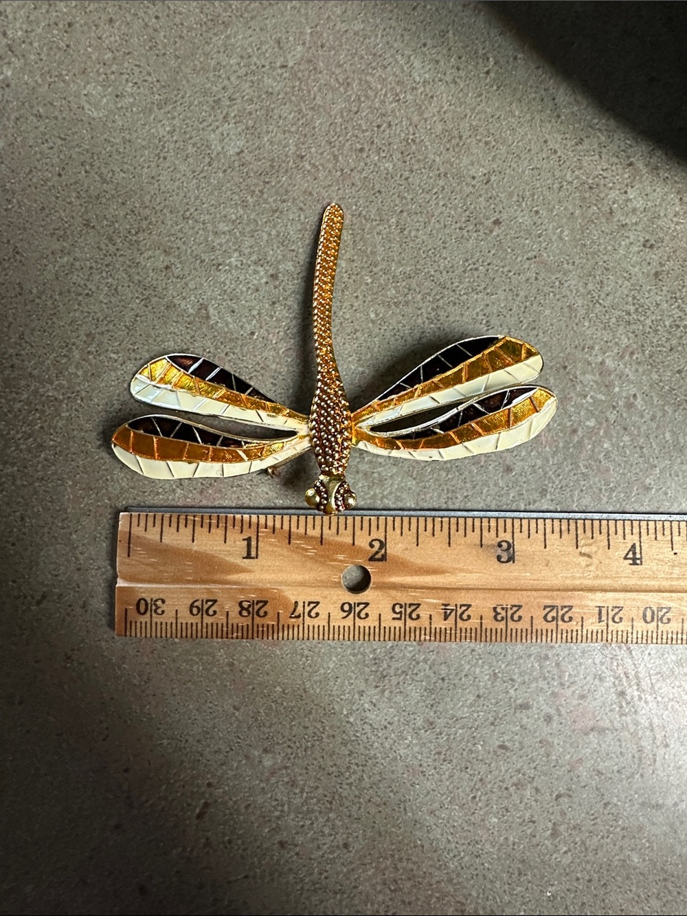 Vintage Gold Tone Dragonfly Brooch with Amber and Cream Enamel - Picture 10 of 16